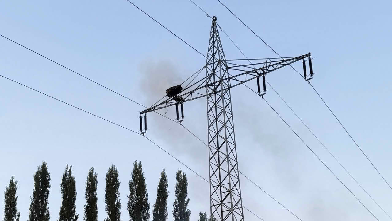 Storchennest brennt auf Hochspannungsmast