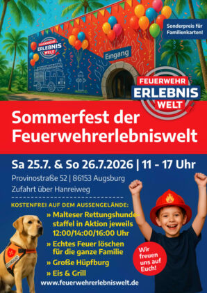 Sommerfest in der Feuerwehrerlebniswelt am 25. und 26. Juli (Grafik: Feuerwehrerlebniswelt gGmbH)